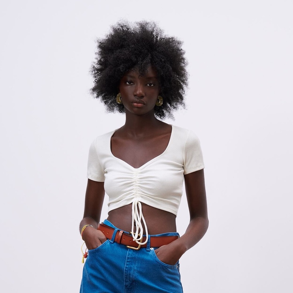 Zara Off White rouched ribbed top